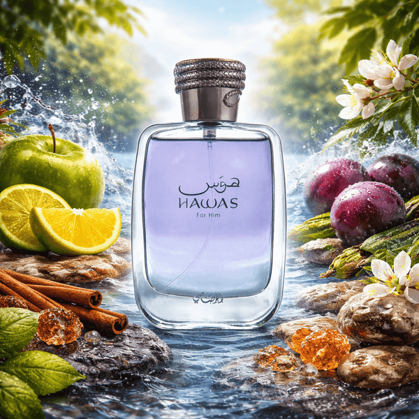 Rasasi Hawas EDP Decant Sample bottle surrounded by fruits and natural elements, showcasing its refreshing and masculine fragrance.