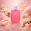 Rasasi Hawas Pink EDP Decant Sample Pink perfume bottle with floral and spice elements on a soft pink background
