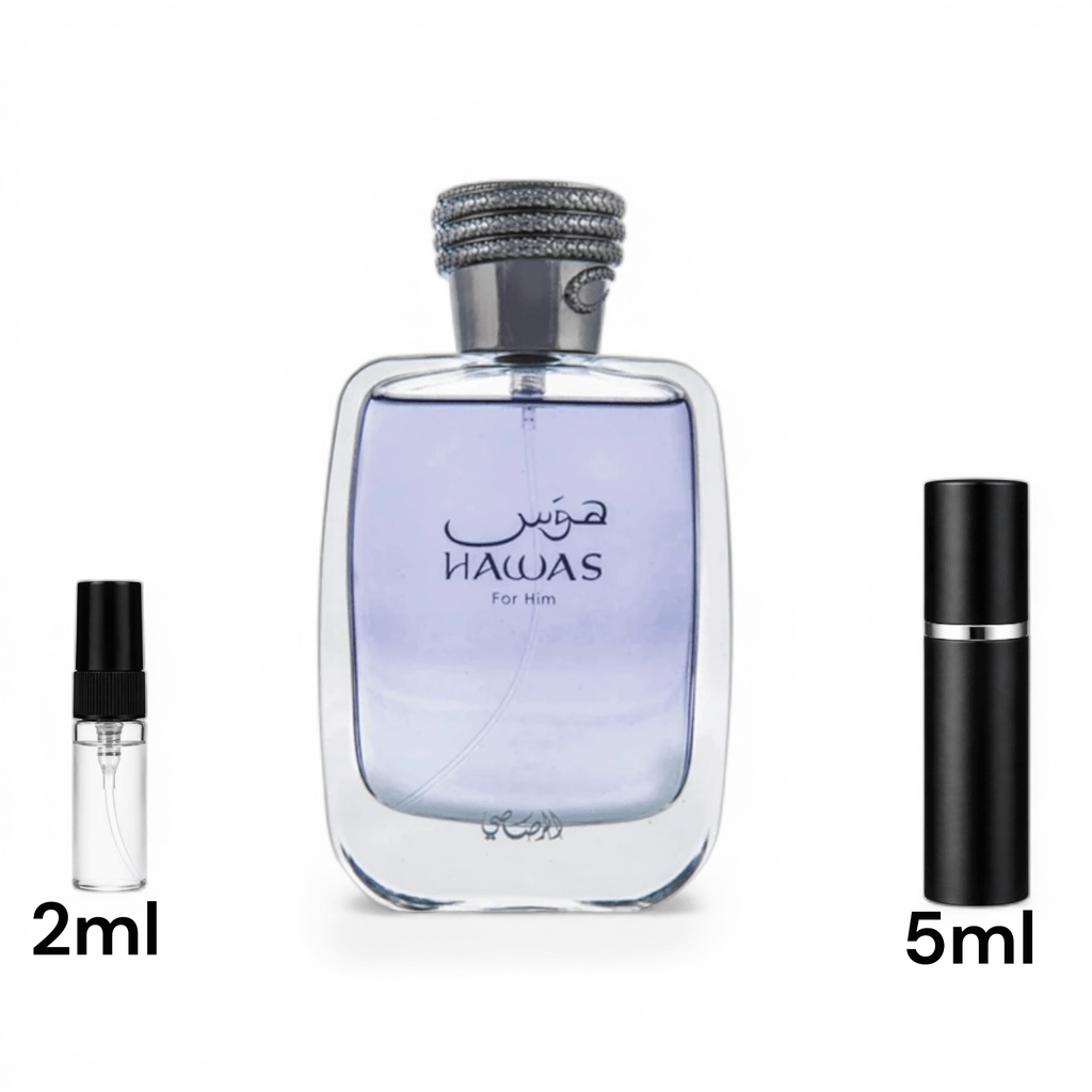 Rasasi Hawas EDP Decant Sample bottle with 2ml and 5ml travel atomizers beside it.